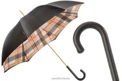 femei PASOTTI 189 52864-111 p - umbrelă neagră căptușită cu tartan cu mâner din piele, pânză dublă 84BXH461