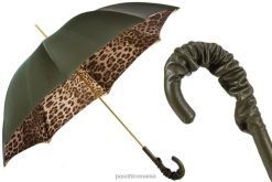 unisex PASOTTI 189 90115-5 a35 - umbrelă de culoare verde măsliniu cu imprimeu leopard cu mâner din piele încrețită 84BXH418